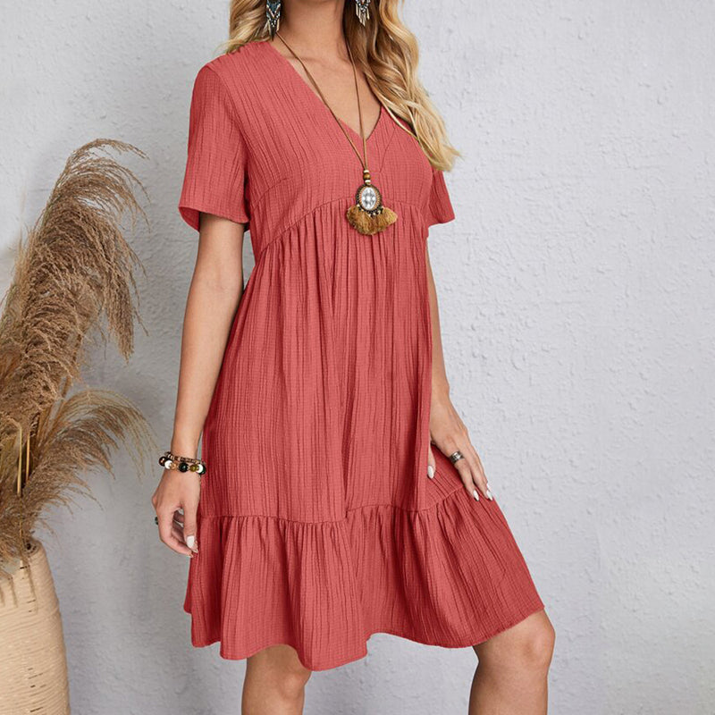 Vestido Boho Leve, Decote em V com Babados Delicados