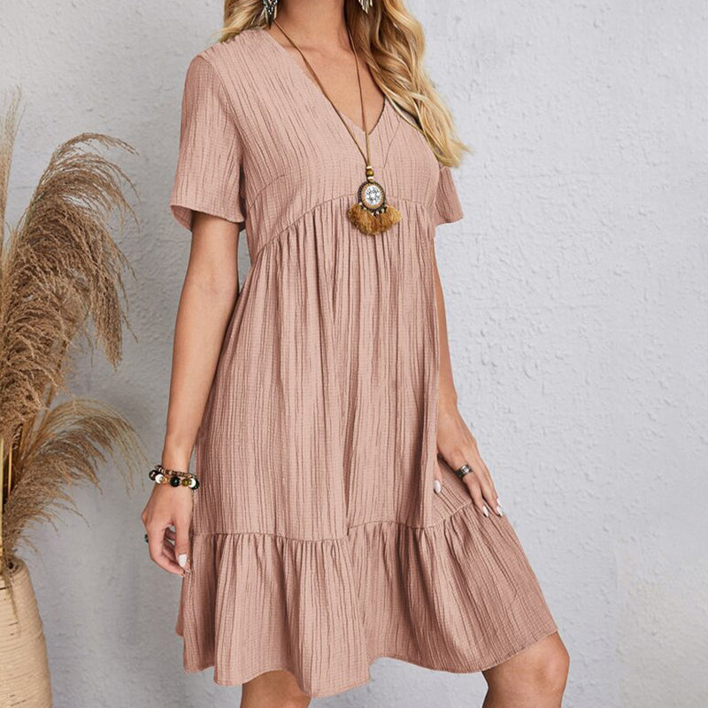 Vestido Boho Leve, Decote em V com Babados Delicados