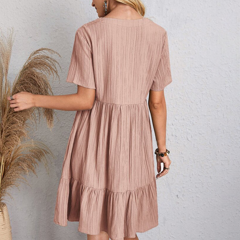 Vestido Boho Leve, Decote em V com Babados Delicados
