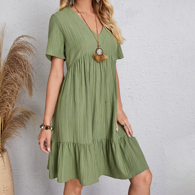 Vestido Boho Leve, Decote em V com Babados Delicados