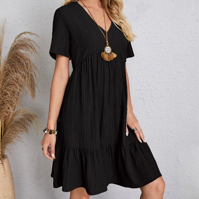 Vestido Boho Leve, Decote em V com Babados Delicados