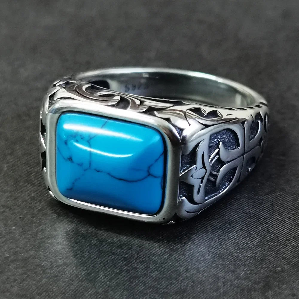 Anel de Prata Masculino  com Pedra Azul e Turquesa