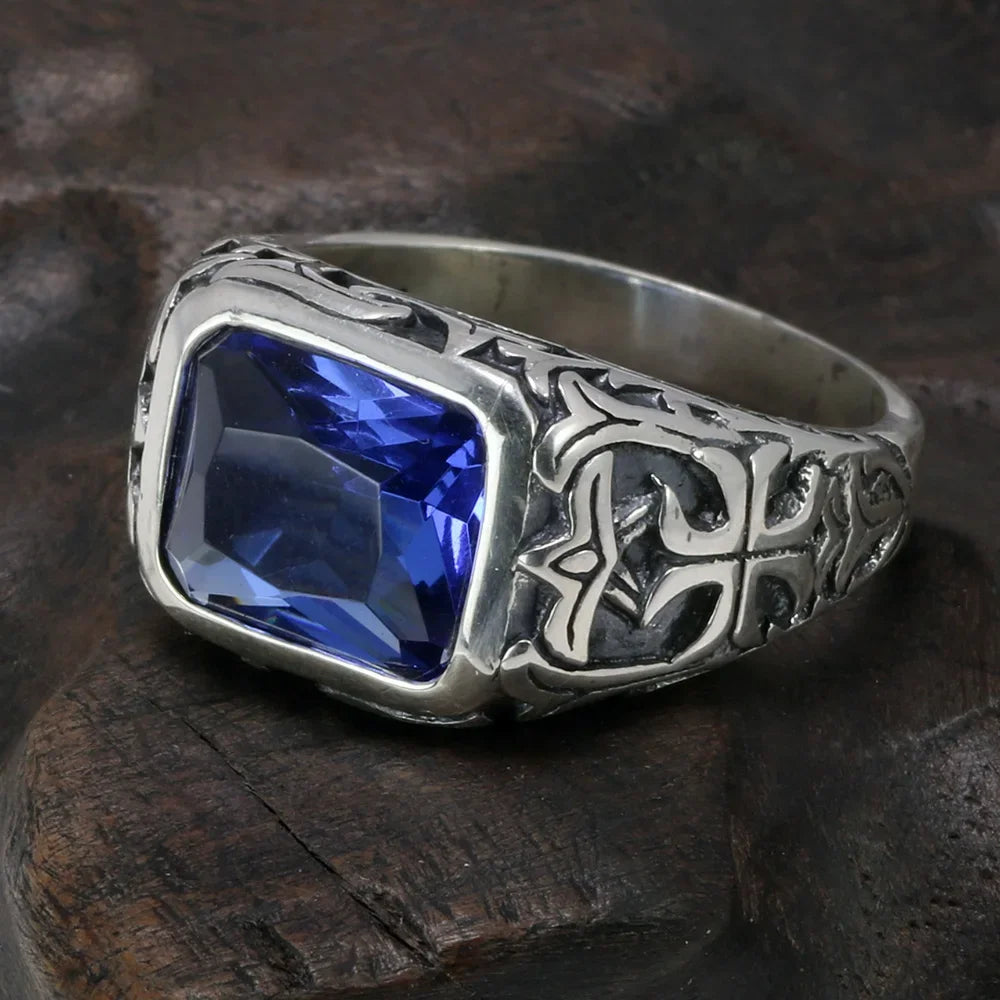 Anel de Prata Masculino  com Pedra Azul e Turquesa