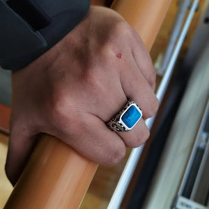 Anel de Prata Masculino  com Pedra Azul e Turquesa